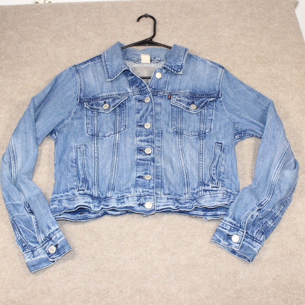 Levis Cropped Denim Trucker Jacket Medium Wash Blue Jean Coat Womens Large